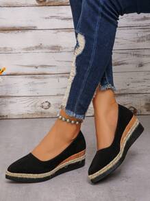 女士厚底坡跟鞋，性感时尚尖头一脚蹬舒适休闲鞋 - 黑色 - 查看 1