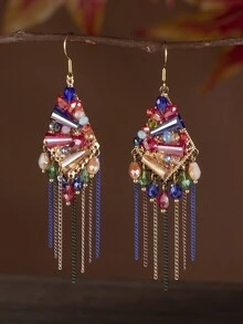 1 对手工制作的波西米亚复古玻璃串珠流苏耳环 - 彩色的 - 查看 2