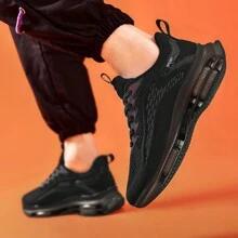 Scarpe da running da uomo in maglia di colore solido, traspiranti, comode, antiscivolo, con suola morbida e durevole, adatte per attività all'aperto - nero - Visualizzare 4