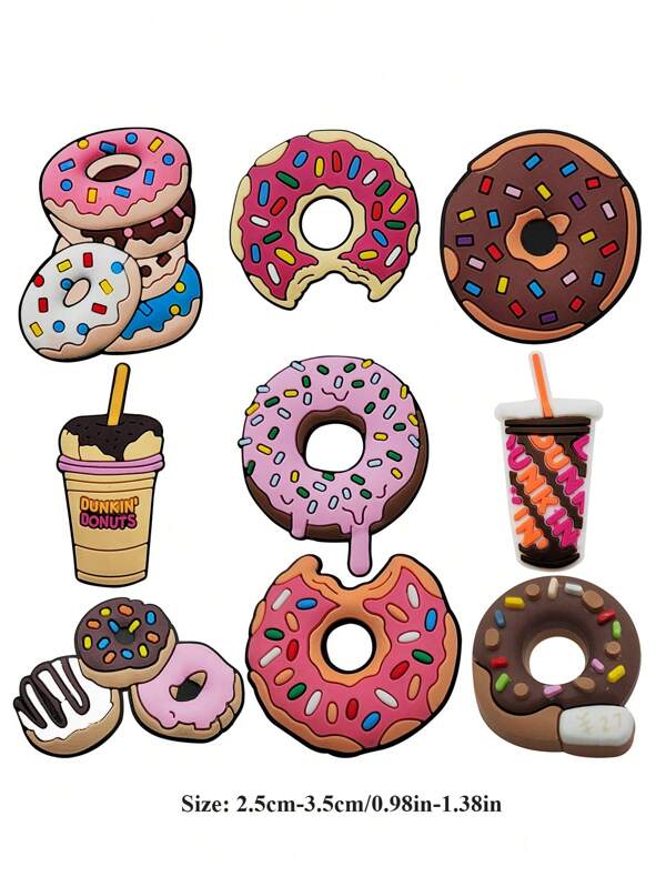 9pcs/Set Food Themed Donut Shoe Charms Accessories, Fit For Hollow Out Clogs/Beach Sandals
