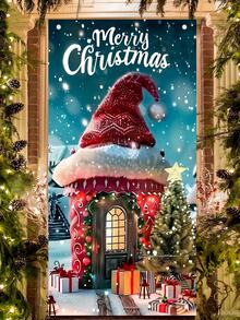 1pc Christmas House And Tree Themed Hanging Door Flag, Suitable For Indoor And Outdoor Decoration, Perfect For Christmas Family Gathering And Party, Halloween, Halloween Decoration