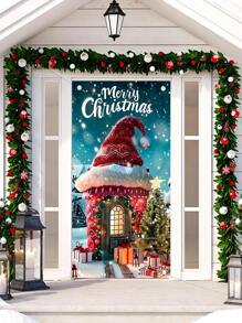 1pc Christmas House And Tree Themed Hanging Door Flag, Suitable For Indoor And Outdoor Decoration, Perfect For Christmas Family Gathering And Party, Halloween, Halloween Decoration