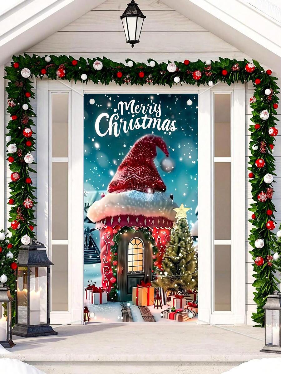 1pc Christmas House And Tree Themed Hanging Door Flag, Suitable For Indoor And Outdoor Decoration, Perfect For Christmas Family Gathering And Party, Halloween, Halloween Decoration