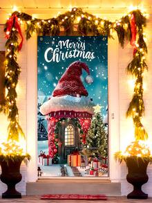 1pc Christmas House And Tree Themed Hanging Door Flag, Suitable For Indoor And Outdoor Decoration, Perfect For Christmas Family Gathering And Party, Halloween, Halloween Decoration