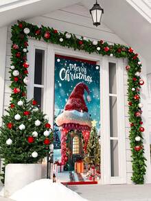 1pc Christmas House And Tree Themed Hanging Door Flag, Suitable For Indoor And Outdoor Decoration, Perfect For Christmas Family Gathering And Party, Halloween, Halloween Decoration