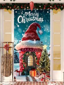 1pc Christmas House And Tree Themed Hanging Door Flag, Suitable For Indoor And Outdoor Decoration, Perfect For Christmas Family Gathering And Party, Halloween, Halloween Decoration