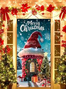 1pc Christmas House And Tree Themed Hanging Door Flag, Suitable For Indoor And Outdoor Decoration, Perfect For Christmas Family Gathering And Party, Halloween, Halloween Decoration