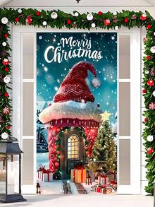 1pc Christmas House And Tree Themed Hanging Door Flag, Suitable For Indoor And Outdoor Decoration, Perfect For Christmas Family Gathering And Party, Halloween, Halloween Decoration