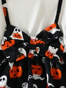 Sukienka z długim rękawem dla młodej dziewczyny na Halloween w stylu europejskim i amerykańskim, sukienka casualowa z nadrukiem w dynię, miękka tkanina, kostium świąteczny - Czarne i Białe - Zobacz 6
