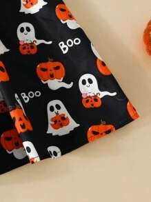 Sukienka z długim rękawem dla młodej dziewczyny na Halloween w stylu europejskim i amerykańskim, sukienka casualowa z nadrukiem w dynię, miękka tkanina, kostium świąteczny - Czarne i Białe - Zobacz 7