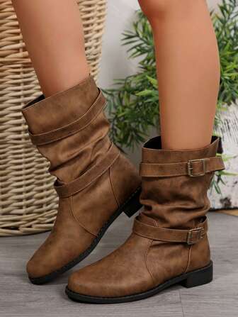 Botas de montar con doble hebilla para mujer, nuevas para otoño/invierno/Botas vaqueras de suela gruesa/Botas de exterior de moda para mujer, para fiesta