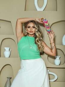 Croped Blouse Regata X Summer Fashion Women's Tricot Premium Line Mah Knitwear - 橄欖綠 - 查看 1