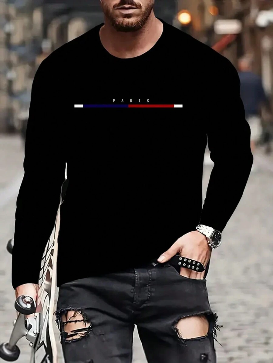 Men's Fashionable 3D Cool Wave Letter Printed Long Sleeved T-Shirt, Casual, Lightweight, Sports And Comfortable Round Neck Top, Spring Fashionable And Casual Oversized Style T-Shirt - Black - View 1