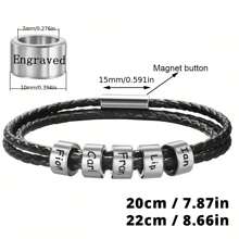 Anpassat efternamn för män, 3-lagers magnetiskt läderarmband, 20 cm 22 cm guld/silver, personliga pärlor i rostfritt stål, lasergraverat efternamn, datum, födelsedagspresent, julklapp, farsdagspresent - Silver - Visa 5