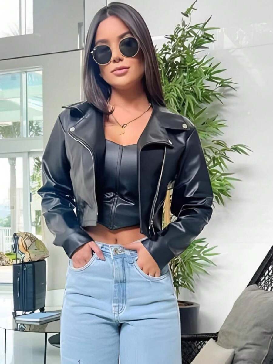 Winter Women's Biker Fake Leather Jacket - 黑色 - 查看 1