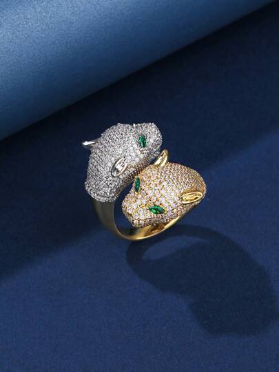 قطعة واحدة خاتم كبير مصنوع من النحاس متعدد الألوان مرصع بالراين ستون على شكل رأس نمر للجنسين، موضة للنساء