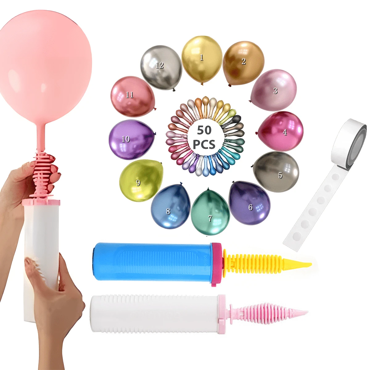 Balloon Pump Hand Held, Inflator Air Pump For Balloons, With 50 Latex Balloons, Friends Can Help - Easy To Use, 100% Lifetime Satisfaction Guarantee - Sturdy Balloon Inflator Pump - Multicolor - View 1