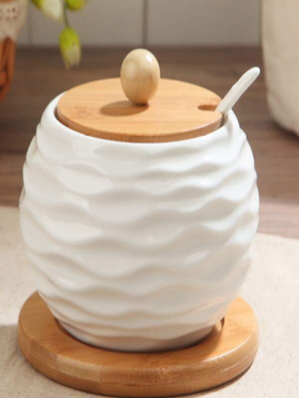 Saleiro de Mesa Cerâmico com Tampa de Madeira e Base de Bambu 500g, Suprimentos Escolares, Volta às Aulas