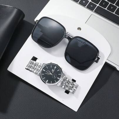 2 件/套男士时尚商务仿双目条形刻度简约圆形表盘石英钢带手表 + 时尚太阳镜套装，适合作为返校季、生日、周年纪念日的礼物