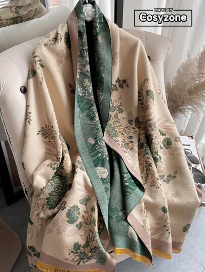 1 件女士仿羊绒植物花卉提花秋冬时尚百搭披肩，加厚保暖围巾适合日常使用、学校