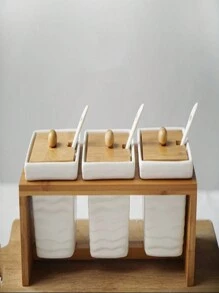 Kit With 3 Pieces Ceramic Storage Holder With Bamboo Support - trắng - Xem 3