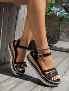 Giày sandal đế xuồng quai đan màu đen có đinh tán, đế Espadrille, quai, giày sandal đi biển mùa hè sang trọng - Nhiều màu - Xem 2