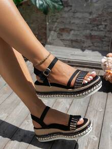 Giày sandal đế xuồng quai đan màu đen có đinh tán, đế Espadrille, quai, giày sandal đi biển mùa hè sang trọng - Nhiều màu - Xem 4