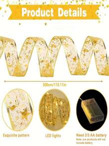 1pc Christmas Lights, Battery Powered 3M/9.84ft 30 LED Lights, Ribbon Lights For Weddings New Year Christmas Tree Decoration,Christmas - Gold - View 2