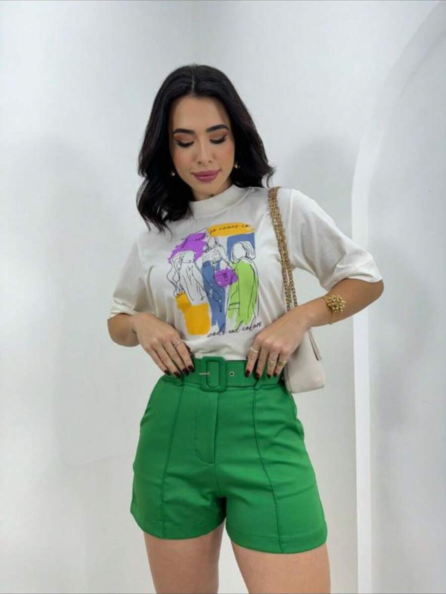 WOMEN'S SHORT/ FASHIONABLE TAILOR SHORTS WITH BELT AND SIDE POCKET/ FASHIONABLE SOCIAL BASE / - 綠色 - 查看 1