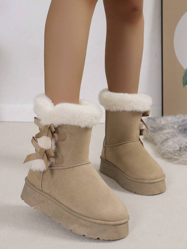 Women's Winter Bow Decor Hook And Loop Thick Thermal Lined Mid-Calf Snow Boots
