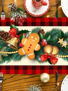 1 件圣诞主题桌旗，带有姜饼和松针元素，“圣诞快乐”文字，涤纶材料，35x180 厘米，适合圣诞节家庭聚会桌面装饰、家居装饰、圣诞装饰、派对用品 - 多圖案 - 查看 4