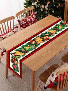 1 件圣诞主题桌旗，带有姜饼和松针元素，“圣诞快乐”文字，涤纶材料，35x180 厘米，适合圣诞节家庭聚会桌面装饰、家居装饰、圣诞装饰、派对用品 - 多圖案 - 查看 3