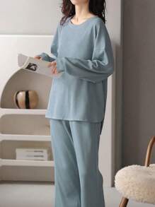 AICJ 2pcs Set Women's Casual Solid Color Warm Waffle Knitted Long Sleeve Top And Pants Sleepwear Pajamas, Suitable For Spring, Autumn And Winter, Two Pieces Set Outfit - Royal Blue - View 6