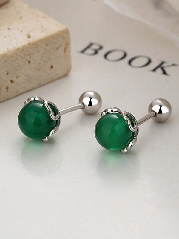 1 par de brincos de 6mm de Ágata Verde Redonda S925, Ágata Colorida, Personalidade