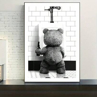 1pc, Bear Holding Beer Wall Art,Black And White Vintage Poster Printing Art, Minimalism Canvas Painting , Home Decor, Suitable For Decorative Painting In Dining Room Bedroom & Living Room 20*28 Inch, Frameless Gifts Birthday Graduation