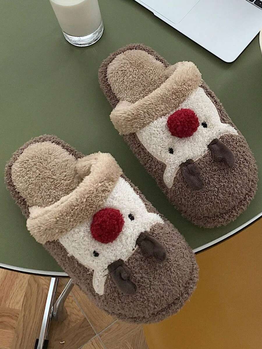 Dép đi trong nhà hình con nai Giáng sinh dễ thương cho nam, Dép đi trong nhà bằng vải nhung mùa đông - màu nâu - Xem 1