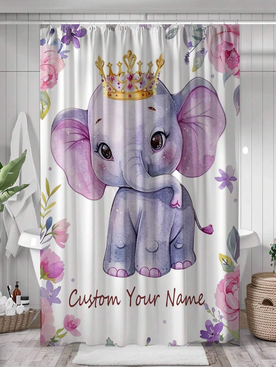 1pc Custom Text Shower Curtains, Personalized Shower Curtain , 5 Sizes For You,Custom Gift Blanket For Birthday And For Bathroom Decor Fall Decor Bathroom Accessories Back To School - Elephant - View 1