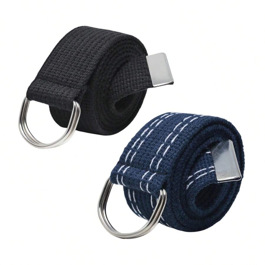 Kit 2 Men's Belt Canvas Grosgrain Buckle Half Ring High Quality Plus Size - 黑/藍繡花 - 查看 1