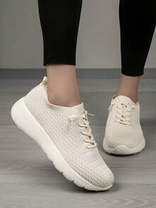 Damen Sportschuhe mit rutschfester Sohle, Obermaterial aus gestricktem, atmungsaktivem Material, weiche Sohle mit Stoßabsorption für Outdoor Fitness, Übungen und Lässig Running - Beige - Übersicht 2