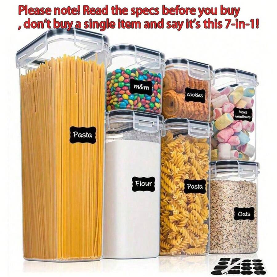 7件/S/M/L/XL 密封食品储存容器(带盖)、塑料厨房食品储藏整理和储存、谷物、意大利面、面粉、糖干粮罐(带标签和记号笔)、适用于洗碗机、塑料食品保鲜罐、家庭厨房用品 - 彩色 - 查看 1