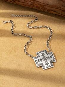 Một chiếc vòng cổ kiểu Bohemian Retro đơn giản được in bằng tay theo phong cách Châu Âu và Mỹ Hợp kim kẽm hình học Dây chuyền bạc cổ dành cho phụ nữ, thích hợp để đeo hàng ngày. - Màu Bạc Cổ - Xem 5