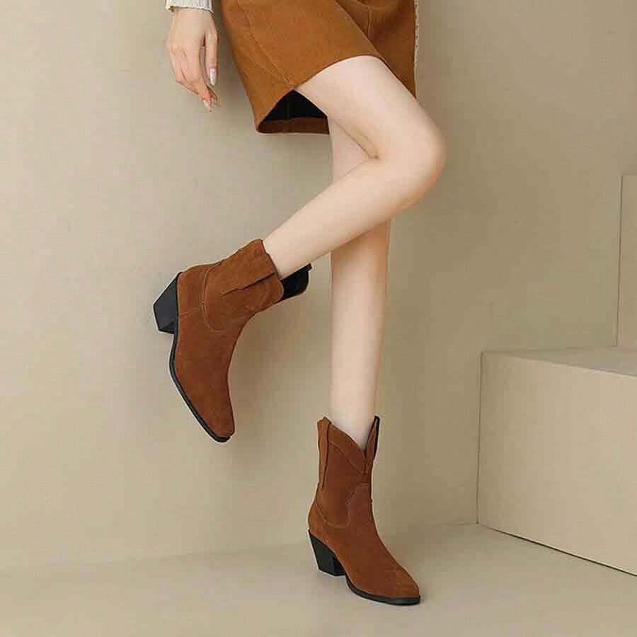 Square Toe Chunky Heel Mid-Calf Short Boots, Unlined Suede Brown Riding Boots - Brown - View 1