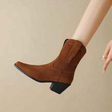 Square Toe Chunky Heel Mid-Calf Short Boots, Unlined Suede Brown Riding Boots - Brown - View 2
