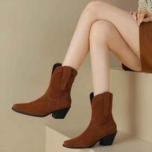 Square Toe Chunky Heel Mid-Calf Short Boots, Unlined Suede Brown Riding Boots - Brown - View 5