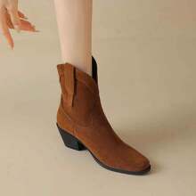 Square Toe Chunky Heel Mid-Calf Short Boots, Unlined Suede Brown Riding Boots - Brown - View 4