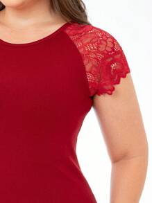 Mesh Blouse With Lace Detail Round Neck - 紅色 - 查看 2