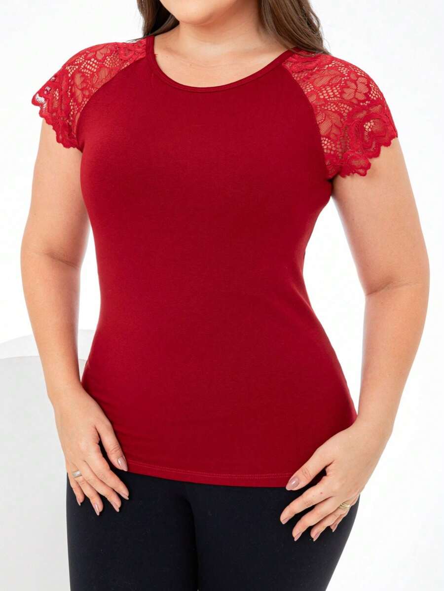 Mesh Blouse With Lace Detail Round Neck - 紅色 - 查看 1