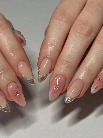 10Pcs Handmade Almond Natural Blush Rouge In Octagon Starshaped Golden Mirror Compact, Cute Simple Elegant False Nails Press On Nails Nail Supplies Nails