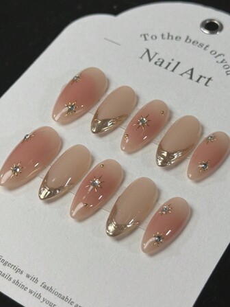 10 piezas de rubor natural de almendra hecho a mano en un compacto con espejo dorado en forma de estrella octagonal, uñas postizas elegantes y sencillas, suministros para uñas