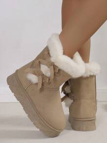 Women's Winter Bow Decor Hook And Loop Thick Thermal Lined Mid-Calf Snow Boots